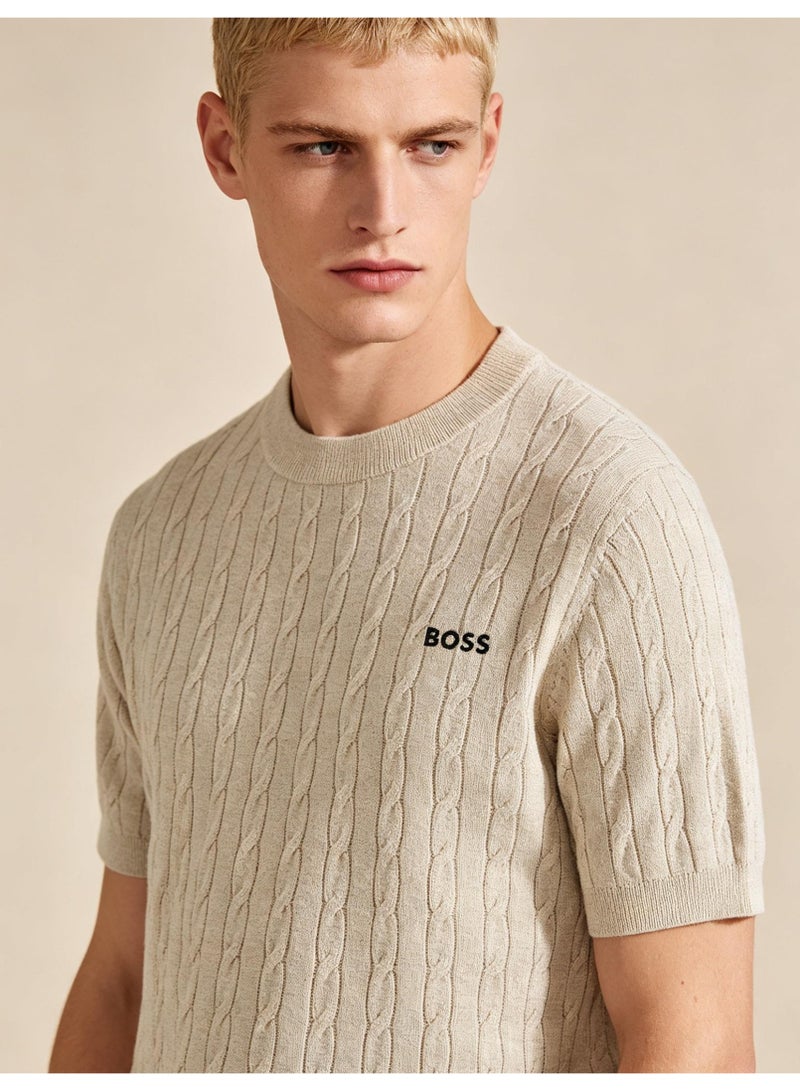 BOSS Unisex Short Sleeve Cable Knit Crew Neck T-Shirt, Beige, Men's Women's Casual Top - Image 3