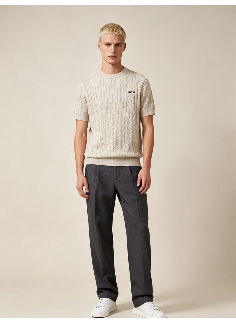 BOSS Unisex Short Sleeve Cable Knit Crew Neck T-Shirt, Beige, Men's Women's Casual Top - Image 5
