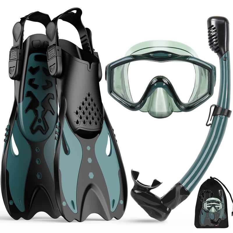 KUYOU Mask Fins Snorkeling Gear for Adults - Wide View Anti-Fog Mask, Full Dry Top Snorkel Gear Set (Dark Celadon, S/M) - Image 1
