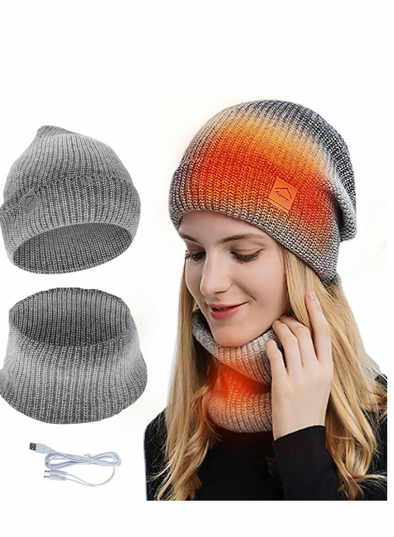 SYOSI USB Heated Hat and Scarf Set, Heated Beanie Hat and Neck Warmer Set 2-in-1 Warm Scarf Knitted Hat Womens & Mens Unisex Winter Hat, Lined Knit Beanie Cap Thick Ski Beanie for Running Skiing Cycling - Image 1
