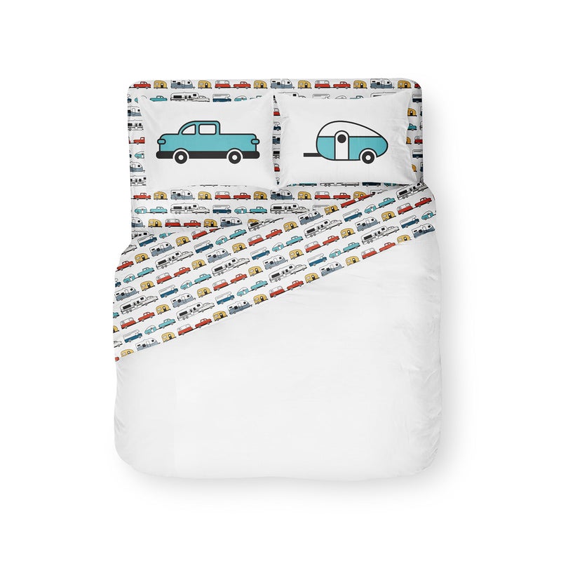 Camco Camco Life is Better at The Campsite Camper/RV Queen-Sized Bed Sheet Set | Features Travel Trailer Print Design on White Background | Crafted of Soft-to-the-Touch Polyester | 4-Piece Set (53299) - Image 1