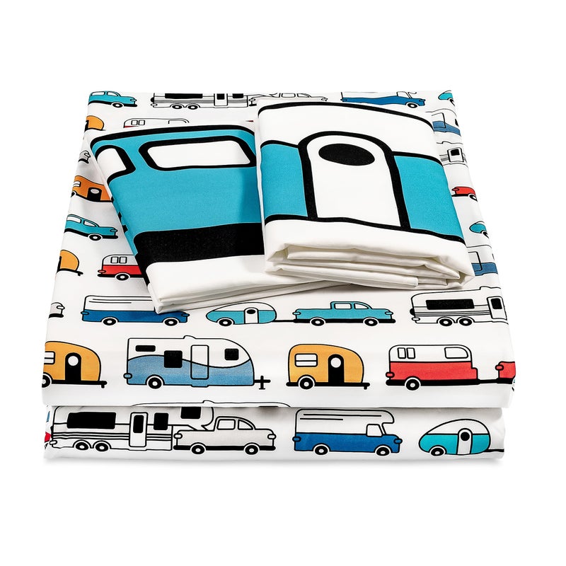 Camco Camco Life is Better at The Campsite Camper/RV Queen-Sized Bed Sheet Set | Features Travel Trailer Print Design on White Background | Crafted of Soft-to-the-Touch Polyester | 4-Piece Set (53299) - Image 2