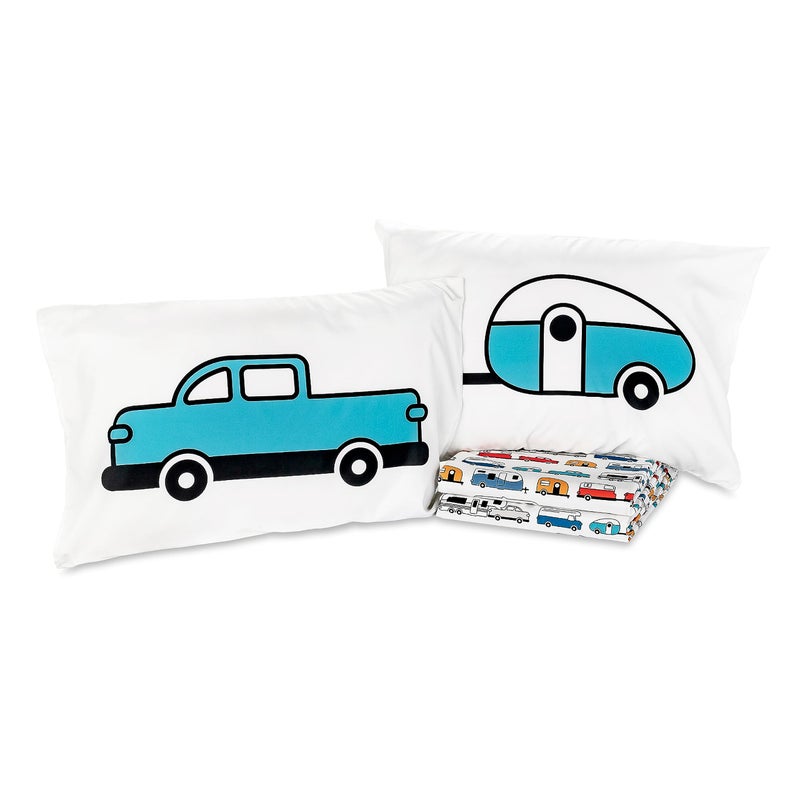 Camco Camco Life is Better at The Campsite Camper/RV Queen-Sized Bed Sheet Set | Features Travel Trailer Print Design on White Background | Crafted of Soft-to-the-Touch Polyester | 4-Piece Set (53299) - Image 5
