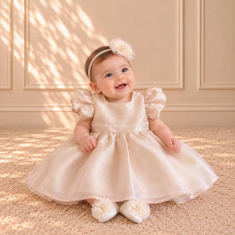 Via Bambino Champagne Linen Dress Set