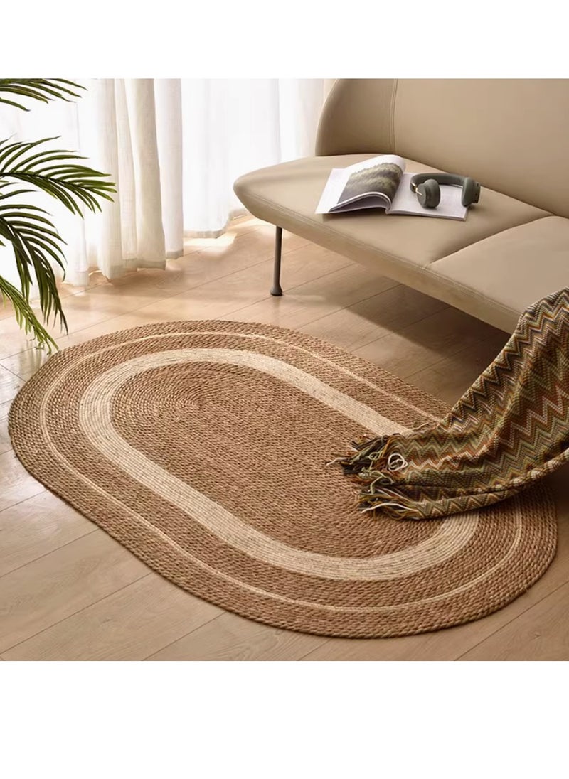 LINGWEI Handwoven Oval Jute Area Rug - Eco-Friendly Natural Fiber Carpet with Rustic Beige & Brown Stripes, Perfect for Living Room, Bedroom, or Entryway"  - Image 1