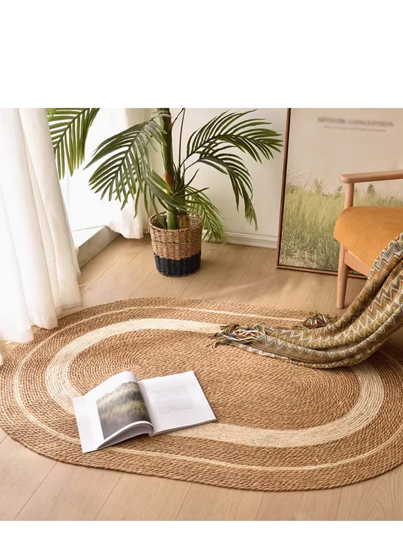 LINGWEI Handwoven Oval Jute Area Rug - Eco-Friendly Natural Fiber Carpet with Rustic Beige & Brown Stripes, Perfect for Living Room, Bedroom, or Entryway"  - Image 2
