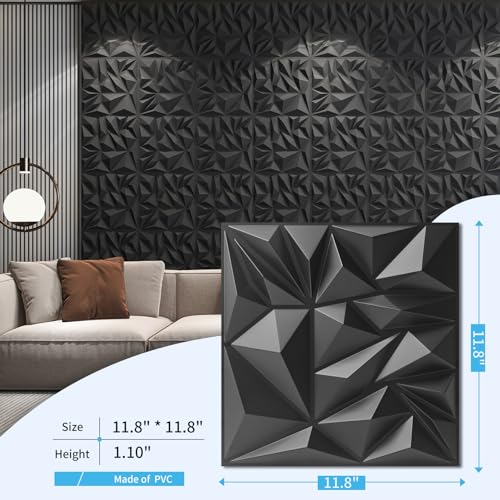 Art3d 33-Pack 3D Wall Panels for Interior Wall Decor, Modern Diamond Textured Accent Wall Paneling for Gaming Living Room TV Wall Background, 12 x 12 inch Black - Image 4