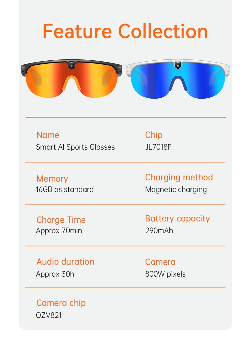 ZESITH White-Blue Bluetooth Camera Glasses, 800W Anti-Shake, Photo Video Record, Sports Cycling, Dual Lenses, Voice Control - Image 2