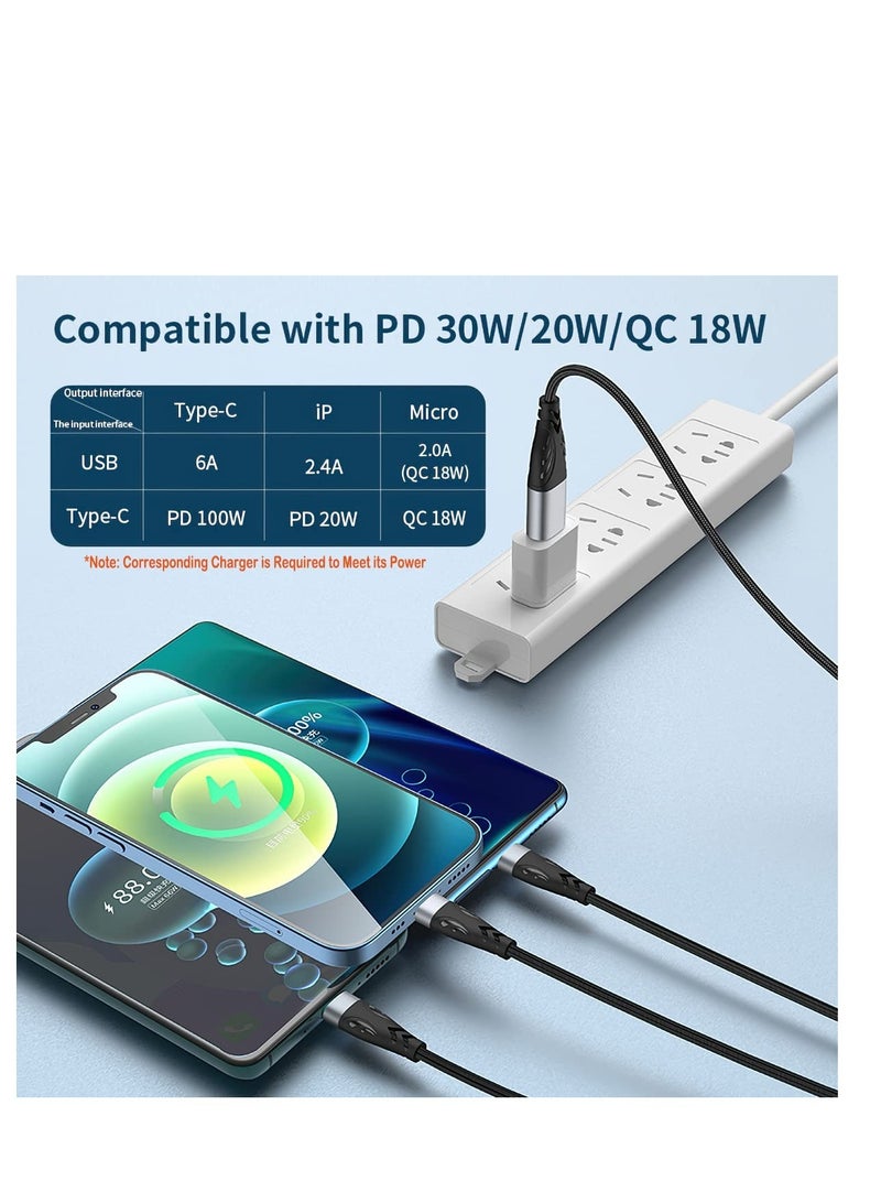 Excefore 100W USB C to Multi Charging Cable, 3 in 1 Charging Cable, Multi USB Nylon Braided 6A PD Charger Cord, with IP/Type-C/Micro Connectors, Micro USB Port Connectors for Cell Phones and More - Image 3