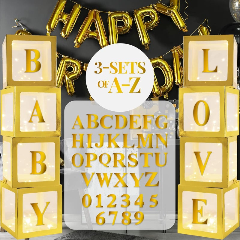 Sratte Balloon Box with Letters and Numbers Clear Blocks Boxes with LED Lights for Shower Party Decorations Birthday Wedding Graduation Party Supply No BalloonsGold Warm White8 Pcs - Image 1