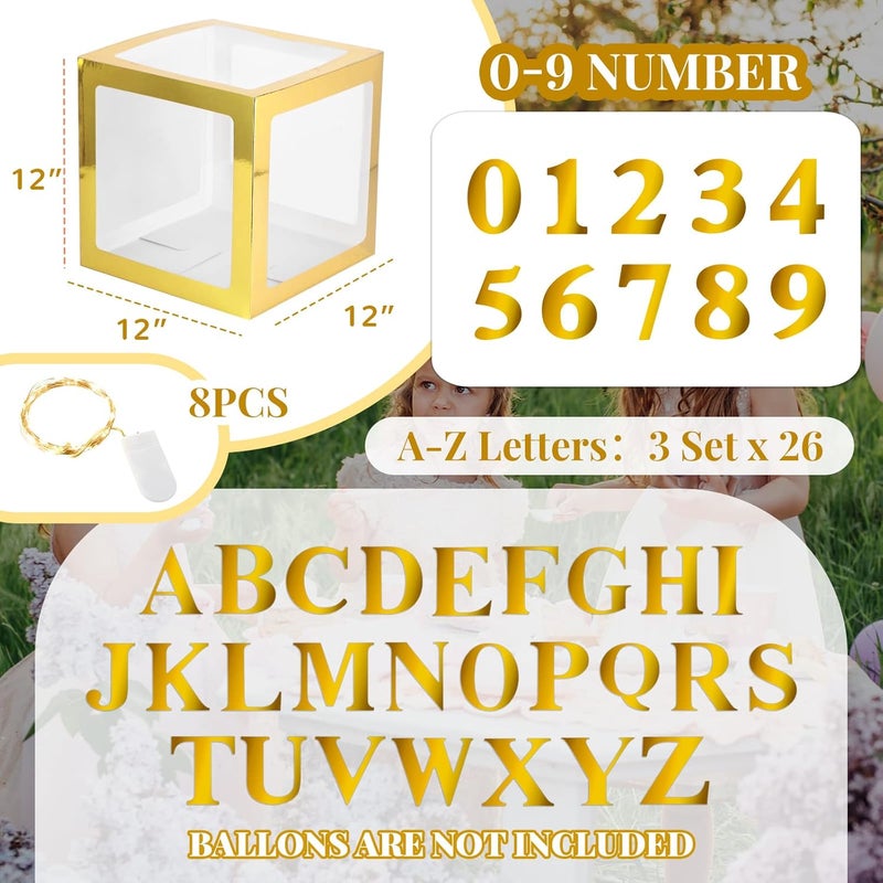Sratte Balloon Box with Letters and Numbers Clear Blocks Boxes with LED Lights for Shower Party Decorations Birthday Wedding Graduation Party Supply No BalloonsGold Warm White8 Pcs - Image 2