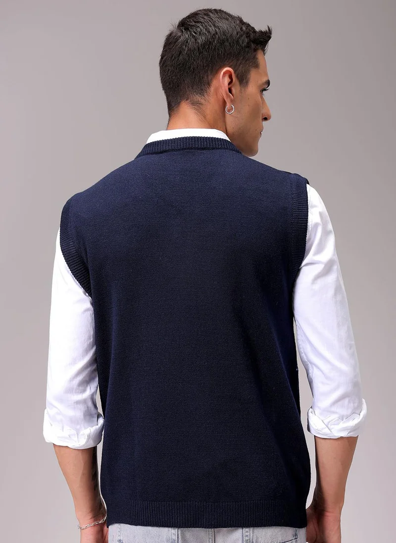 The Indian Garage Co Men Relaxed Fit Argyle V-Neck Sweater
