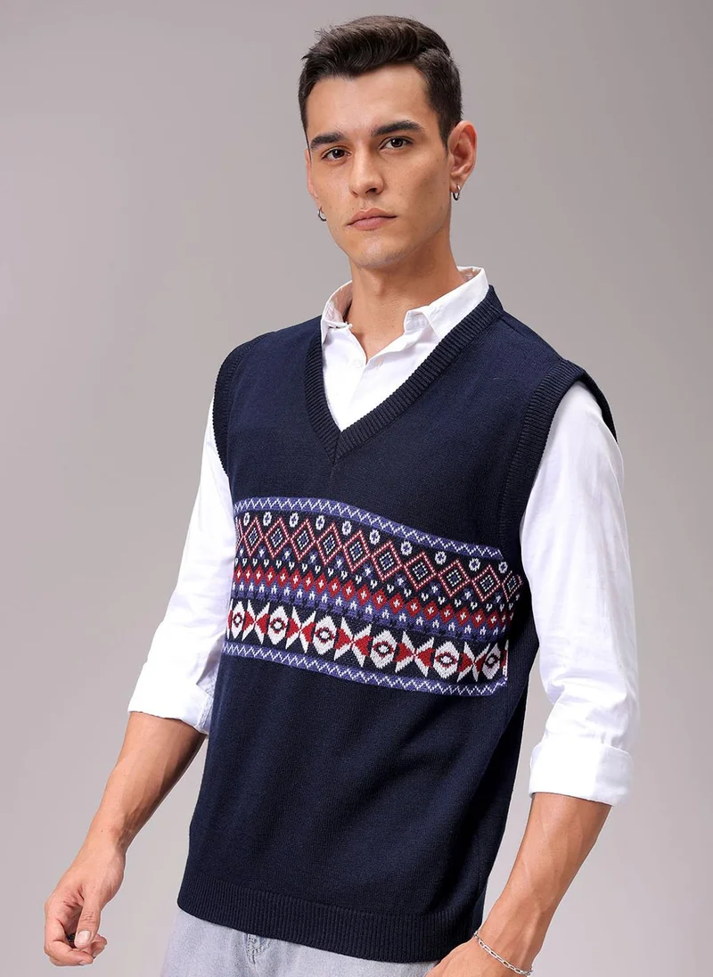 The Indian Garage Co Men Relaxed Fit Argyle V-Neck Sweater