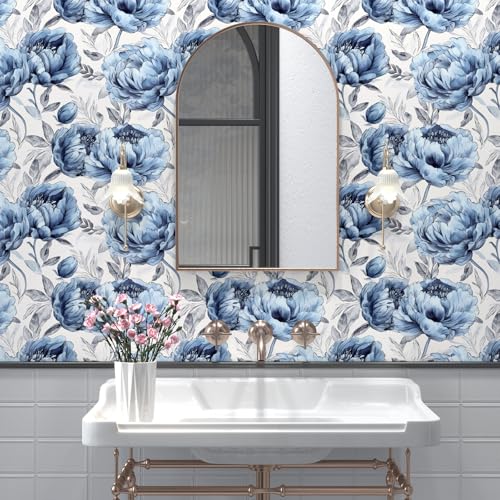 BOKEBEVE Extra Long Boho Blue Floral Contact Paper,Floral Wallpaper Peel and Stick for Bedroom Bathroom Cabinet Countertop Removable Renter Friendly 17.5 x 393.5In - Image 3