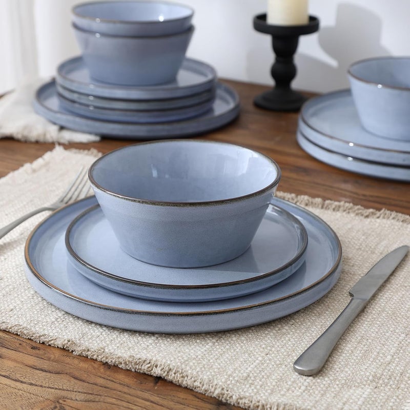 Famiware Annecy Dinner Plates and Bowls Sets Stoneware Dinnerware Sets Dishes Set for 6 18 Pieces Handmade Dishware Set  Microwave  Dishwasher Safe Double Reactive Glaze Tableware Reactive Blue - Image 4