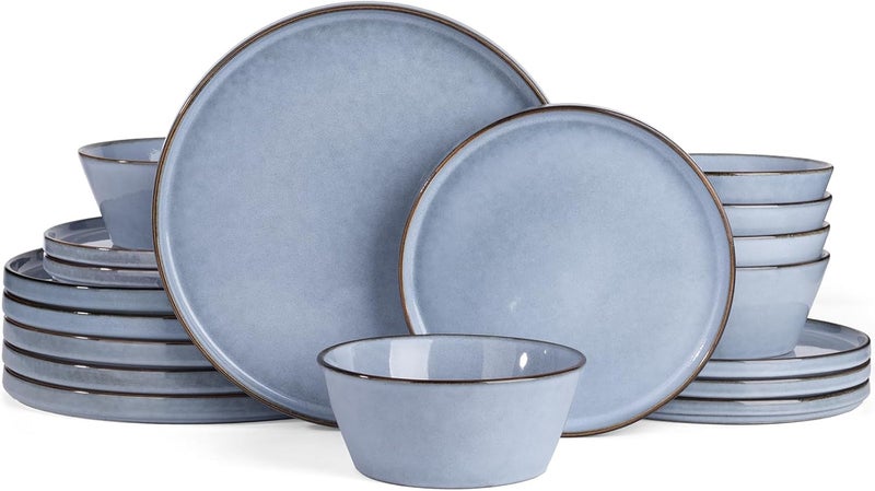 Famiware Annecy Dinner Plates and Bowls Sets Stoneware Dinnerware Sets Dishes Set for 6 18 Pieces Handmade Dishware Set  Microwave  Dishwasher Safe Double Reactive Glaze Tableware Reactive Blue - Image 1