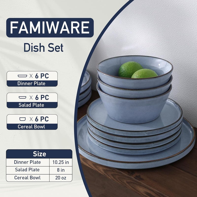 Famiware Annecy Dinner Plates and Bowls Sets Stoneware Dinnerware Sets Dishes Set for 6 18 Pieces Handmade Dishware Set  Microwave  Dishwasher Safe Double Reactive Glaze Tableware Reactive Blue - Image 2