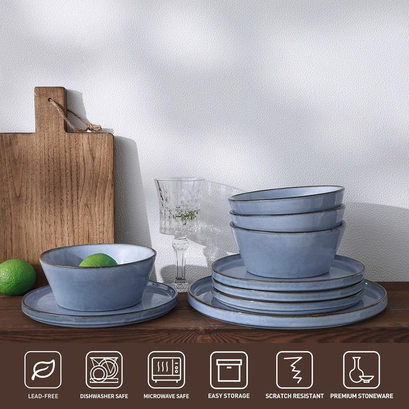 Famiware Annecy Dinner Plates and Bowls Sets Stoneware Dinnerware Sets Dishes Set for 6 18 Pieces Handmade Dishware Set  Microwave  Dishwasher Safe Double Reactive Glaze Tableware Reactive Blue - Image 3