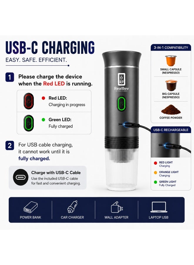 RealBev Portable Espresso Coffee Maker | USB Rechargeable Coffee Machine for Travel, Car, Camping & Office | Compatible with Ground Coffee & Capsules | Compact One-Touch Brewing - Image 3