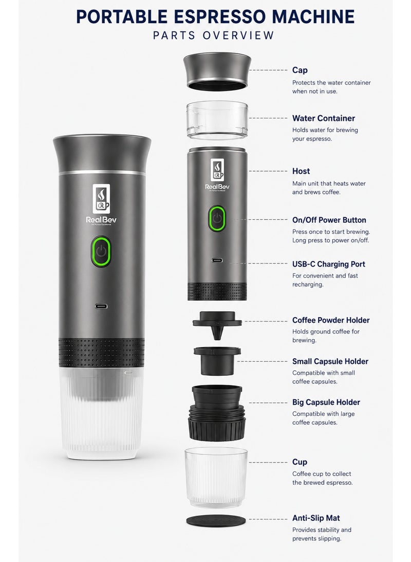 RealBev Portable Espresso Coffee Maker | USB Rechargeable Coffee Machine for Travel, Car, Camping & Office | Compatible with Ground Coffee & Capsules | Compact One-Touch Brewing - Image 4