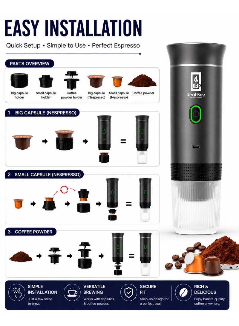 RealBev Portable Espresso Coffee Maker | USB Rechargeable Coffee Machine for Travel, Car, Camping & Office | Compatible with Ground Coffee & Capsules | Compact One-Touch Brewing - Image 5
