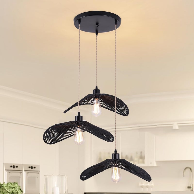 Garwarm Rattan Pendant Light Boho Hanging Light, 3-Lights Handmade Pendant Light Fixture Adjustable Farmhouse 3 Shade Chandelier for Living Room Dining Room Kitchen Bar coffee Foyer Hallway 41cm - Image 1