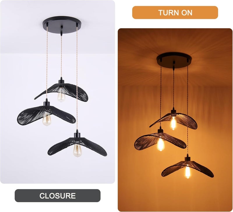 Garwarm Rattan Pendant Light Boho Hanging Light, 3-Lights Handmade Pendant Light Fixture Adjustable Farmhouse 3 Shade Chandelier for Living Room Dining Room Kitchen Bar coffee Foyer Hallway 41cm - Image 2