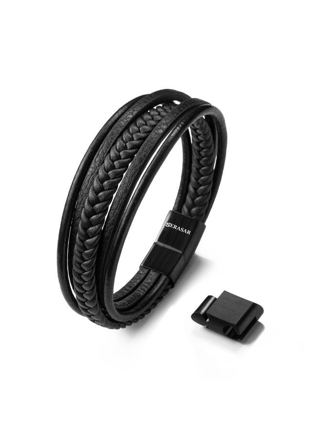 SERASAR 17cm Black Bracelet Men Gift Box Genuine Leather Cowhide Braided Adjust Able Magnetic Clasp Multi Layer Wrap Jewellery Rope Mans Male Boys Mens Bracelets Band Jewelry Magnet Accessories - Image 1
