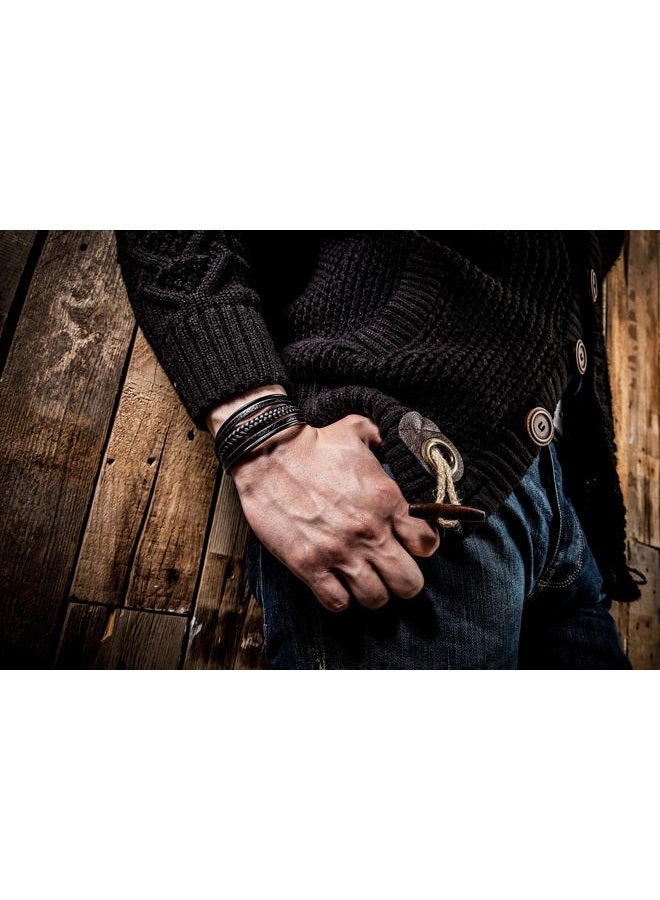 SERASAR 17cm Black Bracelet Men Gift Box Genuine Leather Cowhide Braided Adjust Able Magnetic Clasp Multi Layer Wrap Jewellery Rope Mans Male Boys Mens Bracelets Band Jewelry Magnet Accessories - Image 5
