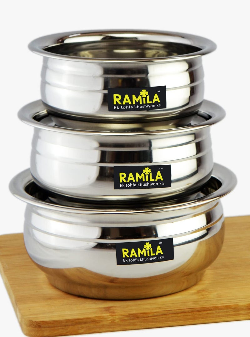 Ramila Stainless Steel Handi Set Induction Bottom Capacity 1.5-L, 1-L, 0..75-L - Image 1