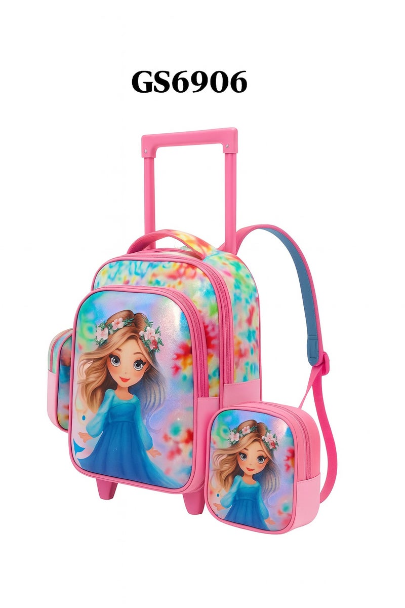مجموعة شنطة مدرسية فاخرة بعجلات للأطفال – 3 قطع (شنطة بعجلات + حقيبة طعام + مقلمة) – تصميم عصري للبنات والأولاد - Image 3