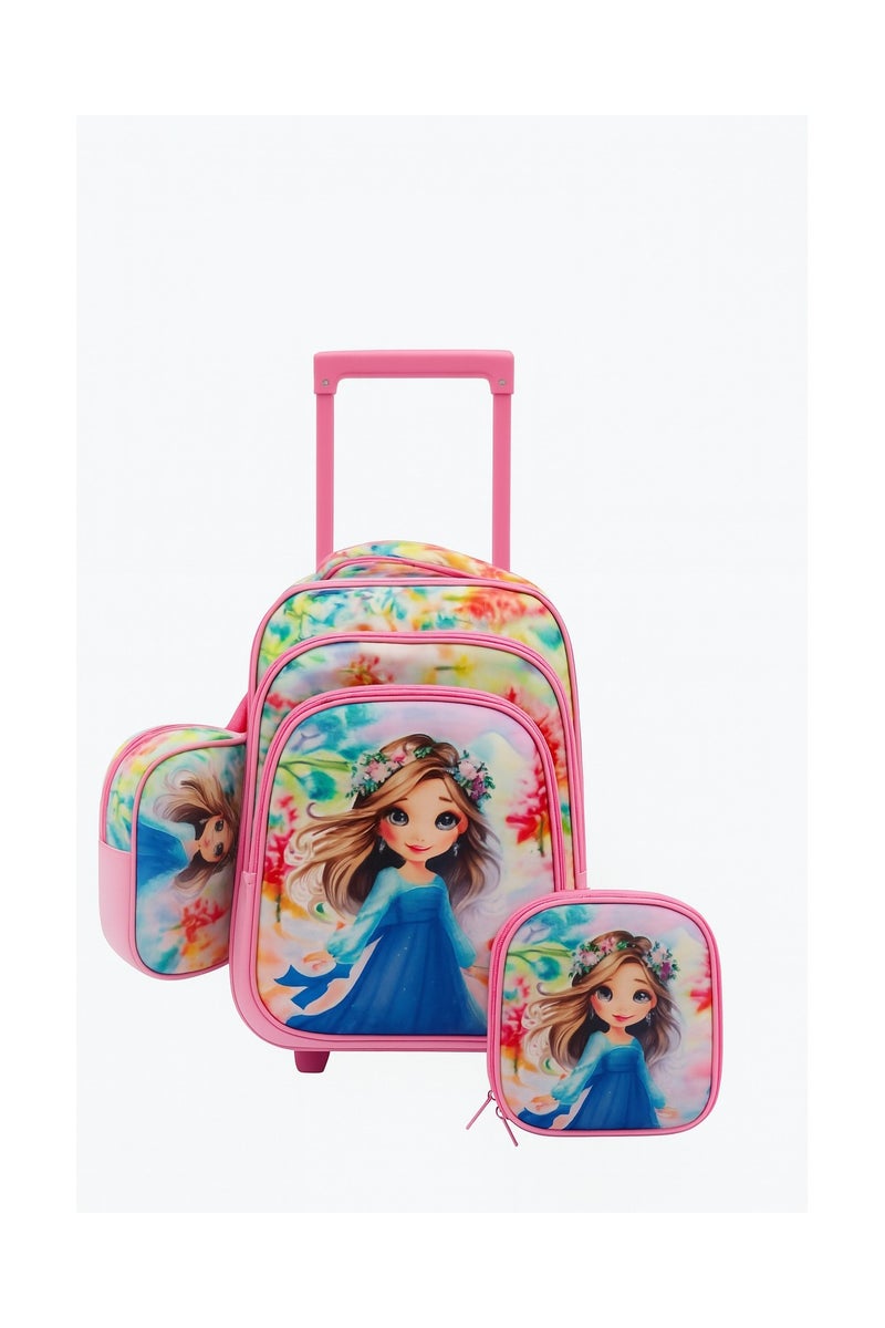 مجموعة شنطة مدرسية فاخرة بعجلات للأطفال – 3 قطع (شنطة بعجلات + حقيبة طعام + مقلمة) – تصميم عصري للبنات والأولاد - Image 1