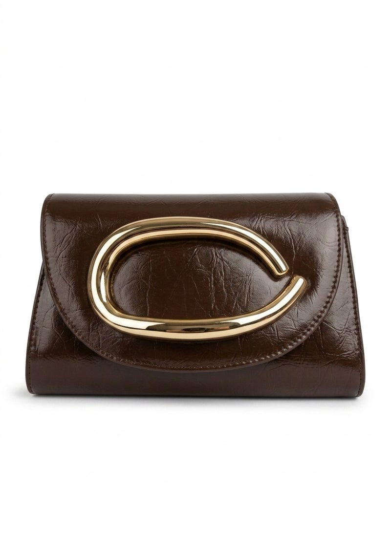 Women's Crossbody Handbag,Shiny Leather, Gold Color Buckle, Stylish and Stylish (Brown)