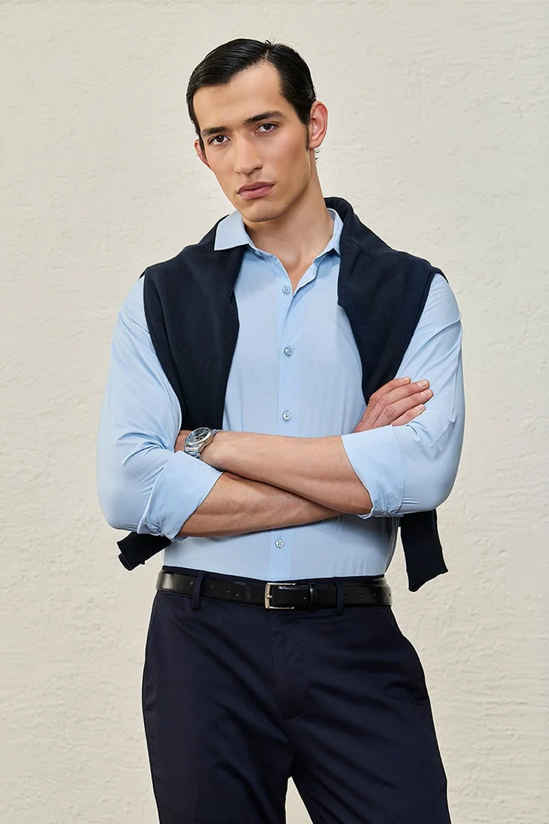 SNITCH Light Blue Solid Long Sleeve Slim Fit Formal Luxe Shirt