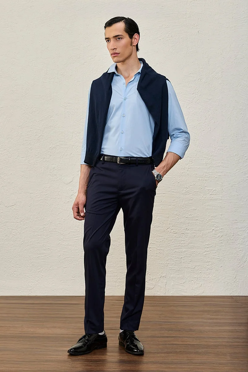 SNITCH Light Blue Solid Long Sleeve Slim Fit Formal Luxe Shirt