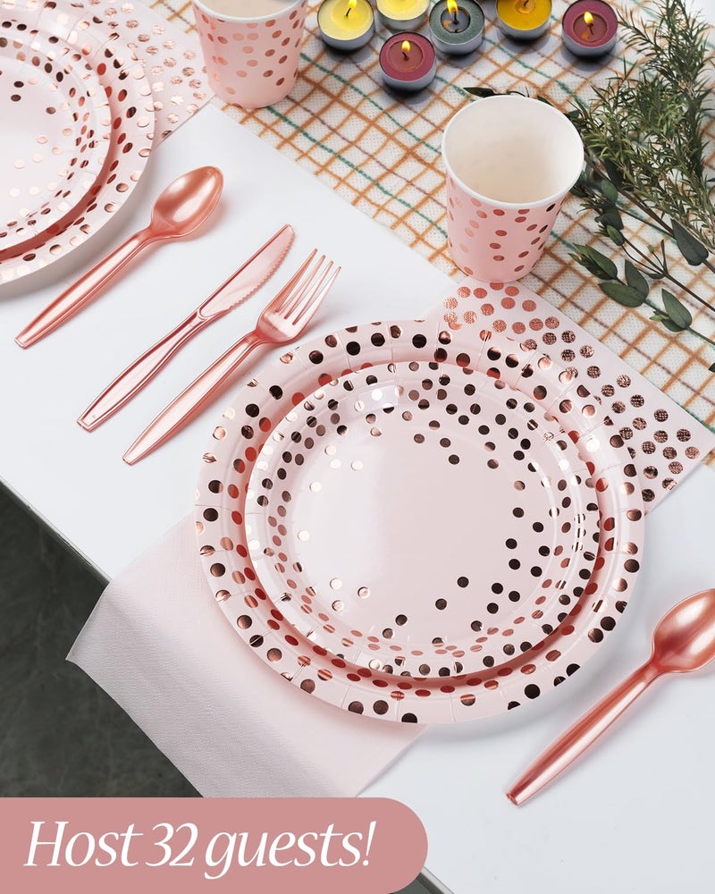 Lzerking 224 Pieces Party Supplies  Pink and Rose Gold Dots Party Plates Cups and Napkins Sets with Plastic Knives forks spoons  Disposable Tableware Serves 32 Sets for Wedding  Birthday  Graduation  Festivals - Image 1