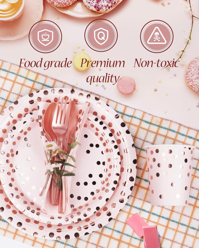 Lzerking 224 Pieces Party Supplies  Pink and Rose Gold Dots Party Plates Cups and Napkins Sets with Plastic Knives forks spoons  Disposable Tableware Serves 32 Sets for Wedding  Birthday  Graduation  Festivals - Image 3