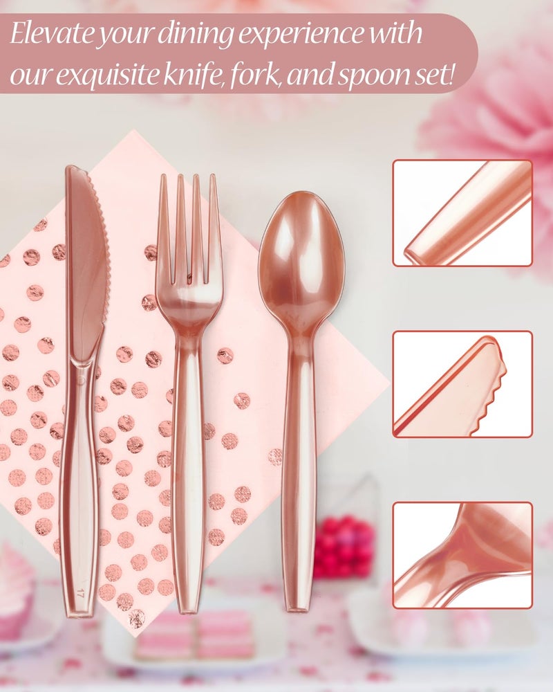 Lzerking 224 Pieces Party Supplies  Pink and Rose Gold Dots Party Plates Cups and Napkins Sets with Plastic Knives forks spoons  Disposable Tableware Serves 32 Sets for Wedding  Birthday  Graduation  Festivals - Image 4