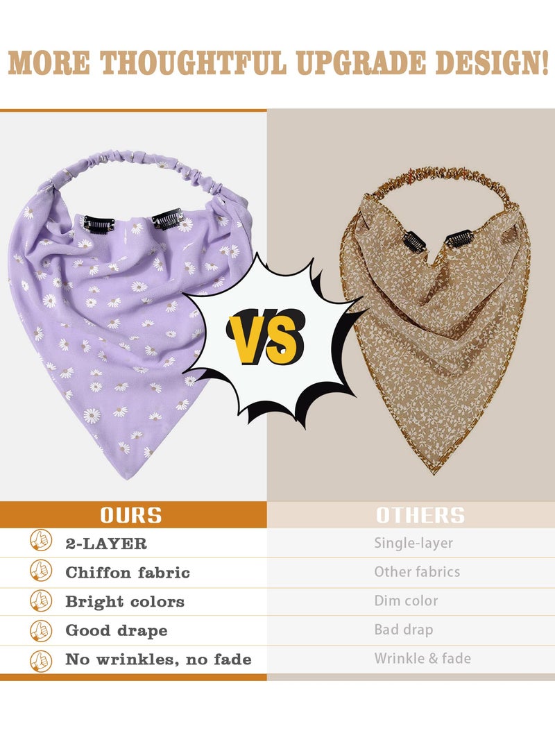 AWAYTR Elastic Hair Scarf Headband - 3 PCS Chiffon Print Floral Hair Scarves with Hair Clips Kerchief Head Bandanas for Women (White/Beige/Purple) - Image 4