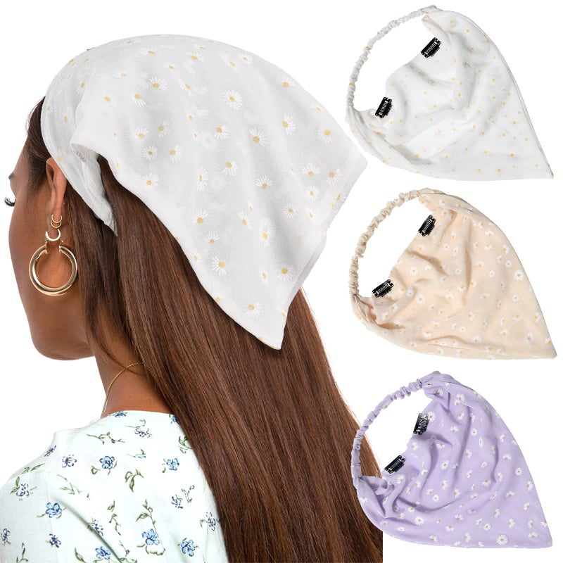 AWAYTR Elastic Hair Scarf Headband - 3 PCS Chiffon Print Floral Hair Scarves with Hair Clips Kerchief Head Bandanas for Women (White/Beige/Purple) - Image 1