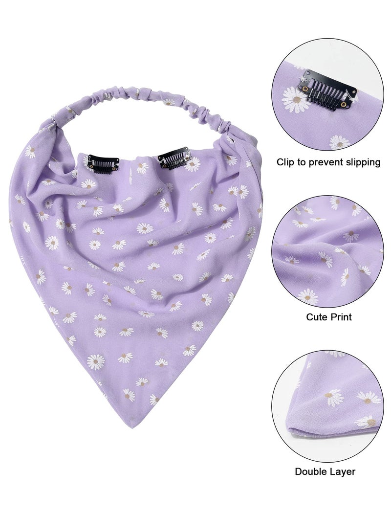 AWAYTR Elastic Hair Scarf Headband - 3 PCS Chiffon Print Floral Hair Scarves with Hair Clips Kerchief Head Bandanas for Women (White/Beige/Purple) - Image 3