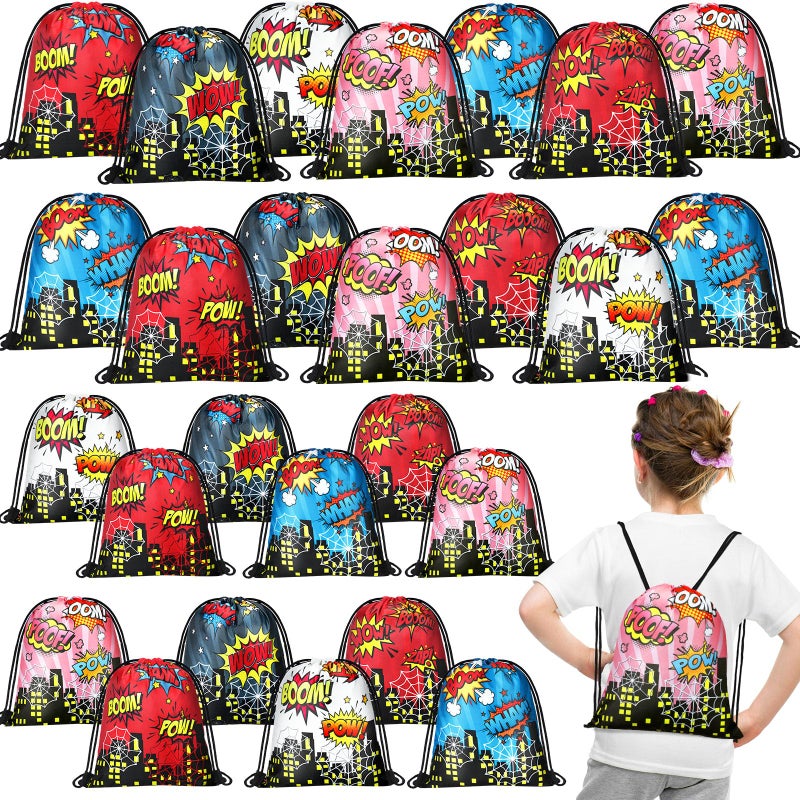 Lothee 30 Pcs Hero Party Favor Bags for Birthday Party Decorations Gift Treat Goodie Candy Backpack Boom Wow Pow Drawstring Bag Hero Style - Image 2