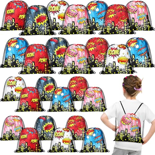 Lothee 30 Pcs Hero Party Favor Bags for Birthday Party Decorations Gift Treat Goodie Candy Backpack Boom Wow Pow Drawstring Bag Hero Style - Image 1