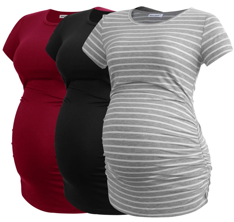 Smallshow Womens Maternity Shirt Side Ruched Tunic Pregnancy Top Clothes 3Pack BlackLight Grey StripeWine Small