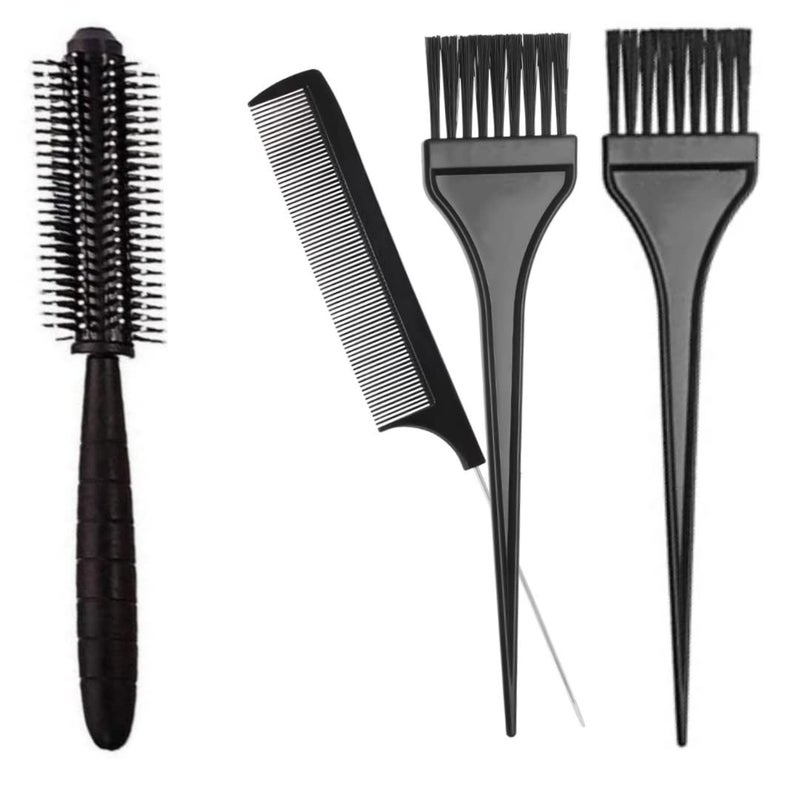 Maple Professional, Home Use Combo of Plastic Dye Brush, Tail Comb & Round Hair Blush, Saloon Hair colouring Mehndi Kit For Men Women Pack of 4