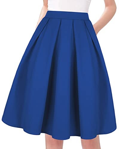 Tandisk Women's High Waist Flared Skirt Pleated Midi Skirt with Pocket Blue XL - Image 1