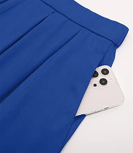 Tandisk Women's High Waist Flared Skirt Pleated Midi Skirt with Pocket Blue XL - Image 3