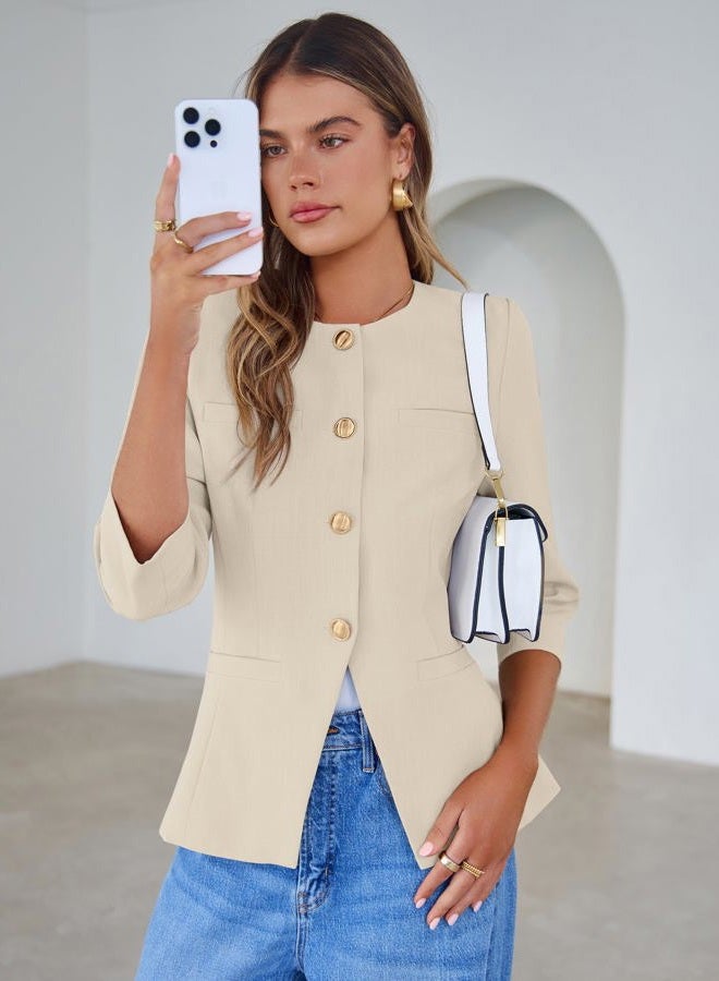 SIMPLEE Womens Business Casual Blazers Spring Fashion Collarless Button Down 3/4 Sleeve Dressy Blazer Jacket Work Outfits, Apricot, M - Image 2