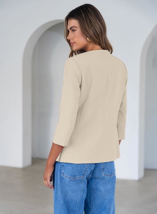 SIMPLEE Womens Business Casual Blazers Spring Fashion Collarless Button Down 3/4 Sleeve Dressy Blazer Jacket Work Outfits, Apricot, M - Image 4