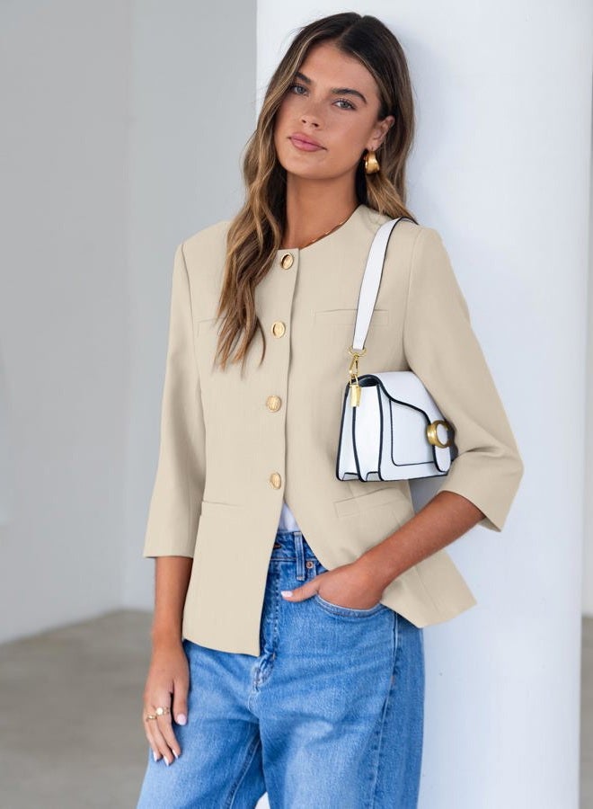 SIMPLEE Womens Business Casual Blazers Spring Fashion Collarless Button Down 3/4 Sleeve Dressy Blazer Jacket Work Outfits, Apricot, M - Image 3